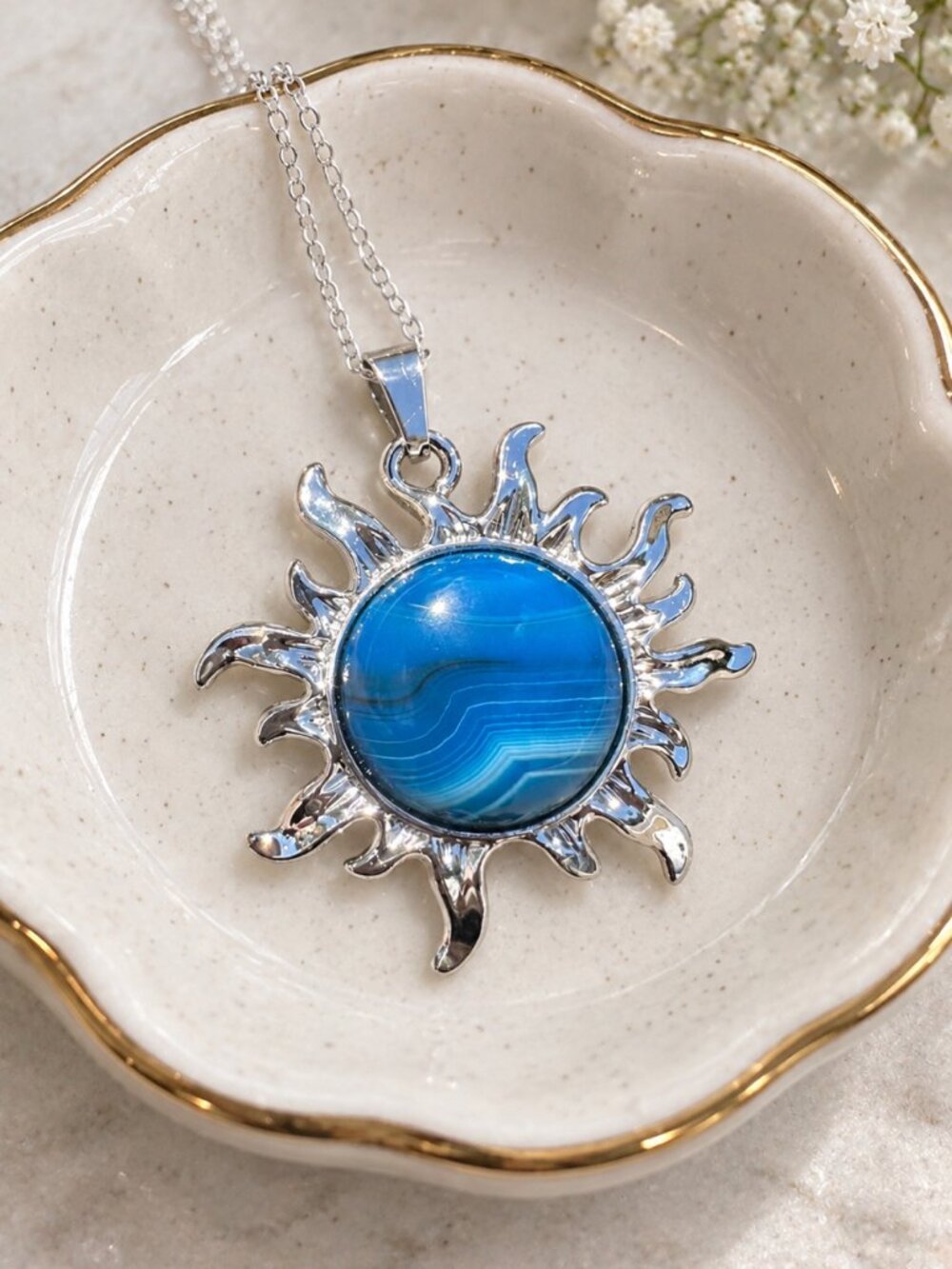 Blue Stripe Onyx Sun Pendant Necklace